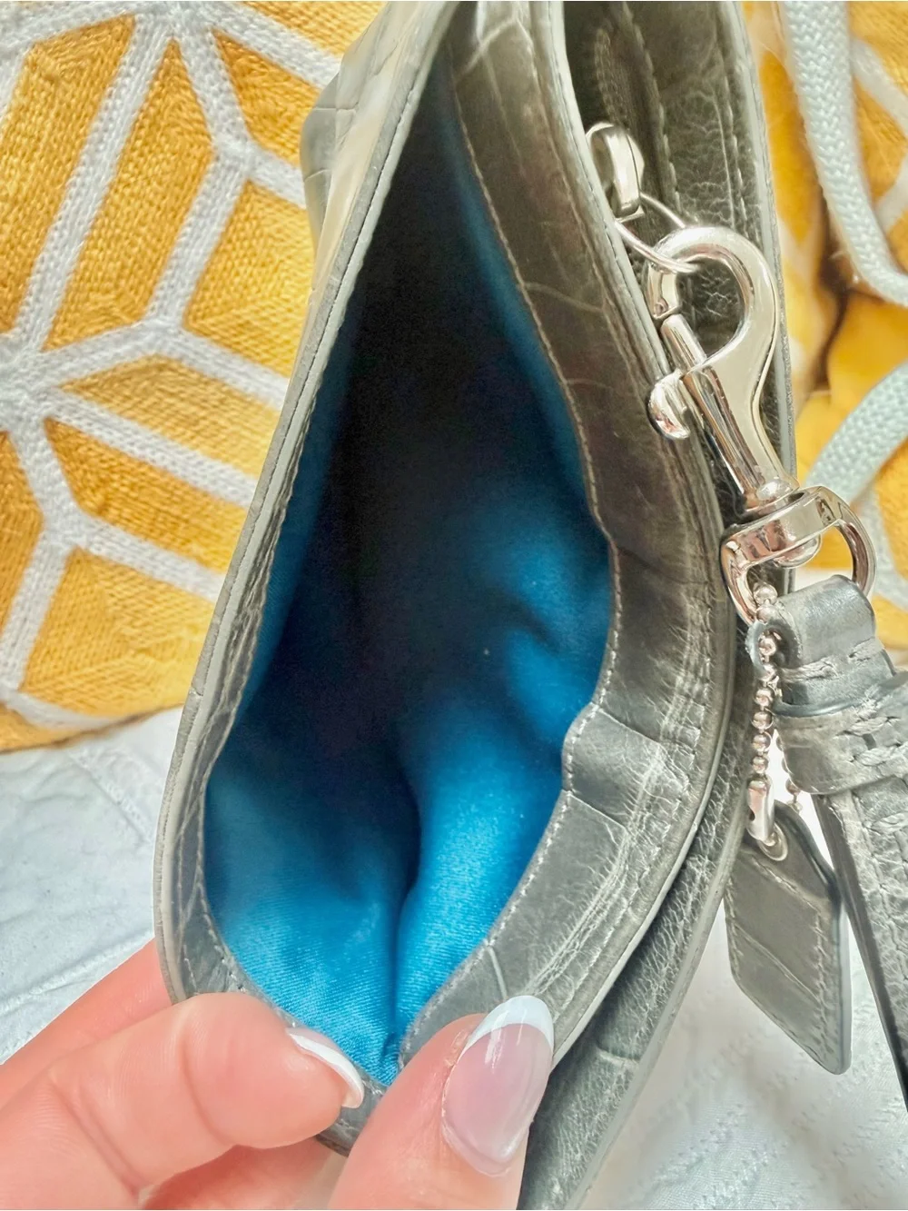 Coach Gray Croc-Embossed Leather Wristlet Pouch